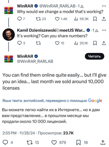 В WinRAR сообщили, что в месяц пользователи покупают около 10 тыс. лицензий на архиватор